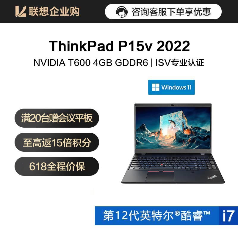 【企业购】ThinkPad P15v 2022英特尔酷睿i7创意设计笔记本 09CD